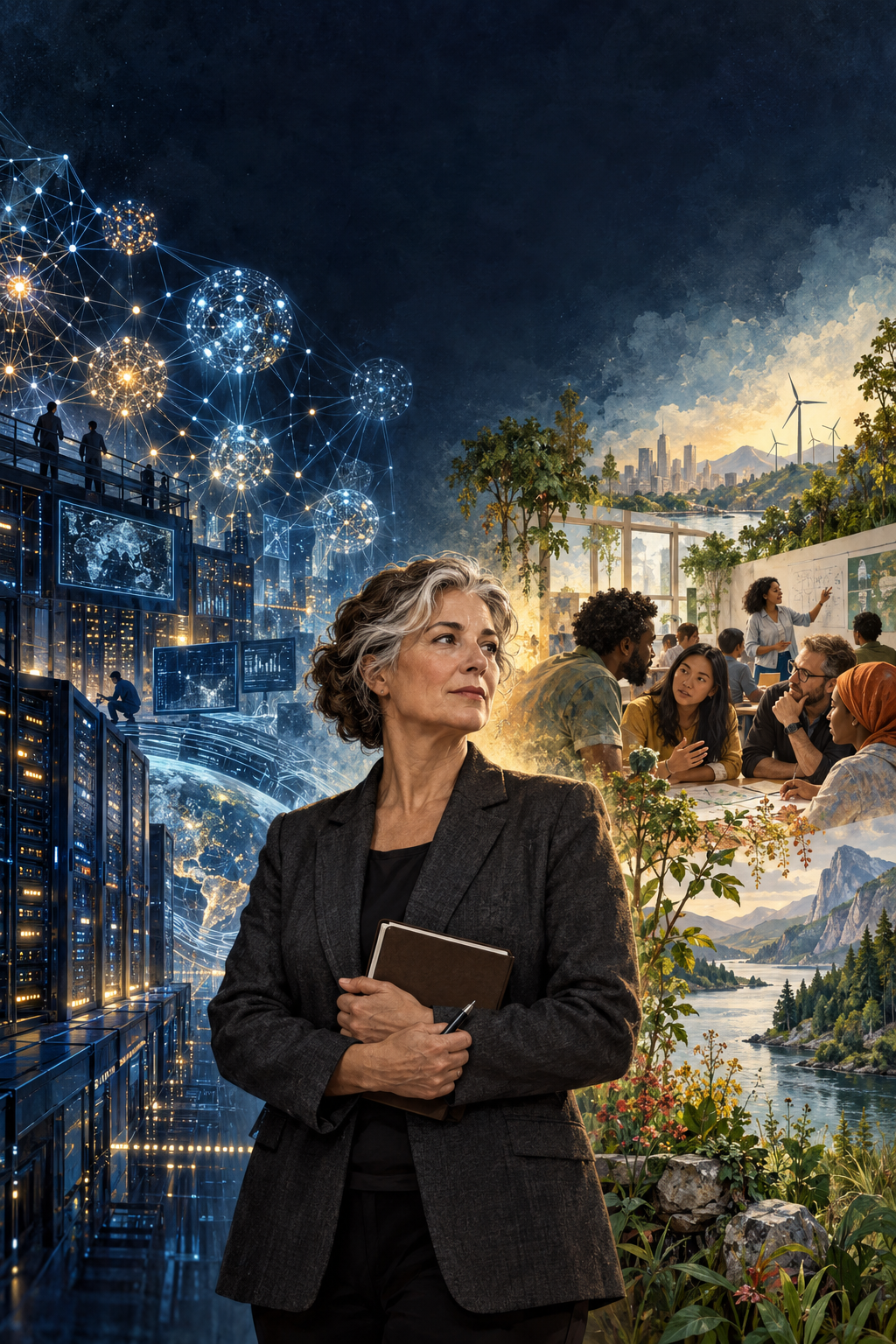 A
          consultant standing between AI infrastructure and a human,
          ecological, and educational world