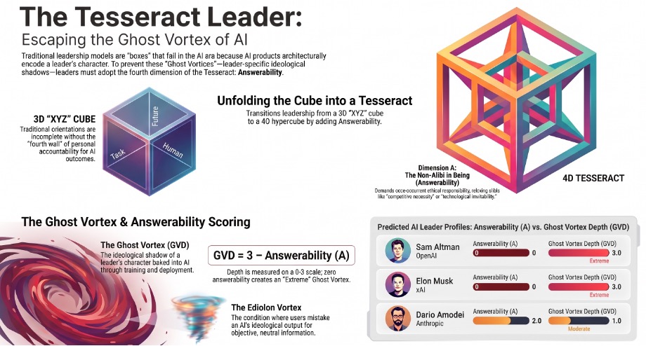 Tesseract
              illustration — four-dimensional hypercube showing the XYZA
              leadership framework: an outer cube of visible behavior
              (X, Y, Z) containing an inner cube of ethical core,
              connected by the fourth dimension of Answerability (A)